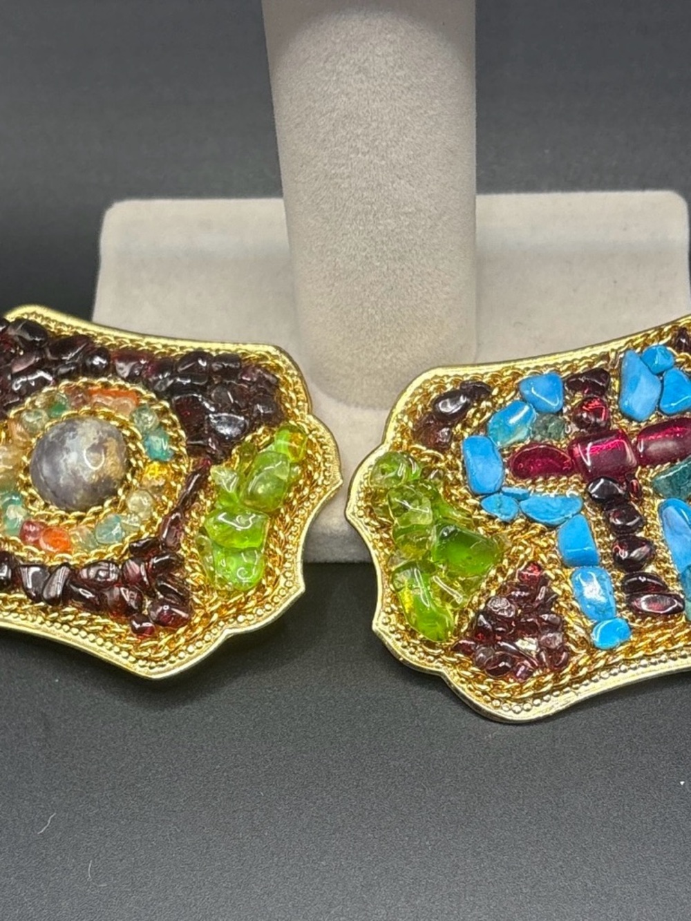 Vintage Mosaic Stone Belt Buckle Pair – 1970s–1980s Boho Statement